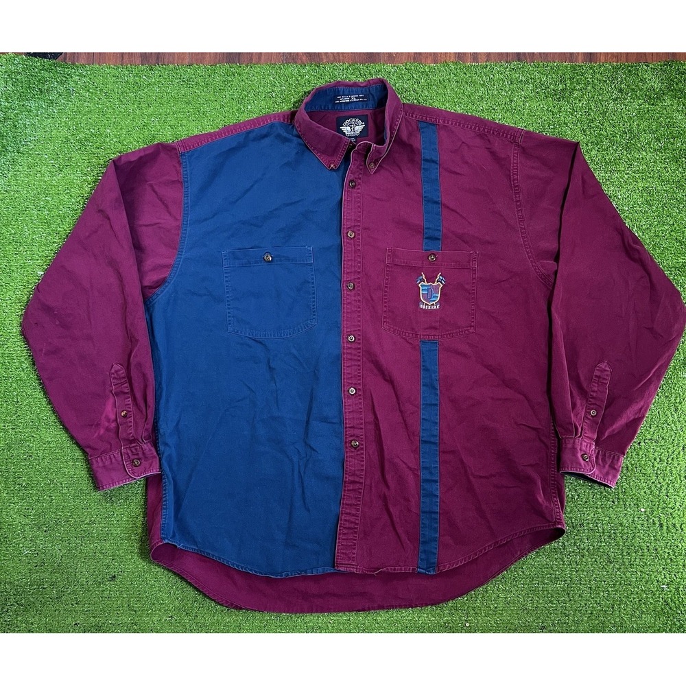 Vintage Color Block Button Up XL 90s Dockers Shirt Maroon Blue preppy casual